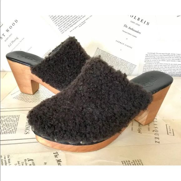 Free People Brown Faux Fur Mules Slides Wood Platform Studs Wedge - Picture 4 of 5